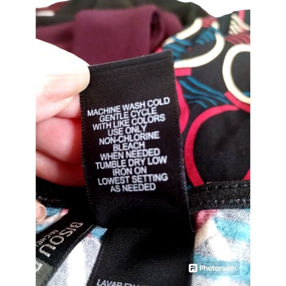 Bisou Bisou Red Blue Black Stretch V Neck Short Sleeve Satin Trim Tie Tunic XL - Picture 7 of 8